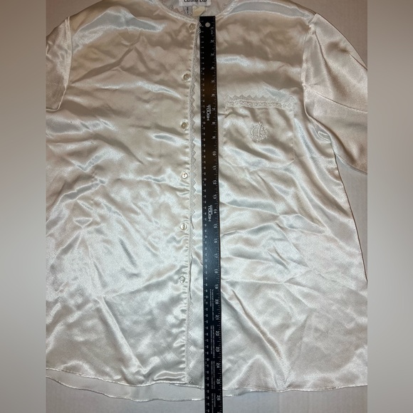 VTG CHRISTIAN DIOR Satin Button Down Top Saks Fit Embroidered Pajama Women's L - Picture 10 of 11